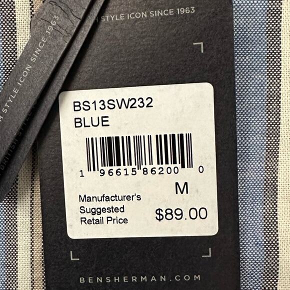 Ben Sherman Modern Fit Button Down Collar Short Sleeve Size M Blue Yellow Stripe - Picture 6 of 7